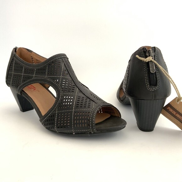 Pikolinos Sandals Sz 41 US 10M Black Perforated Leather Open-toe Mid Heel - Picture 3 of 12